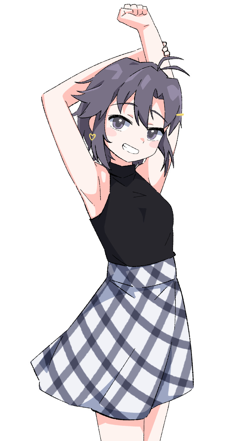 1girl, antenna_hair, armpits, arms_up, bare_shoulders, black_shirt, blush, breasts