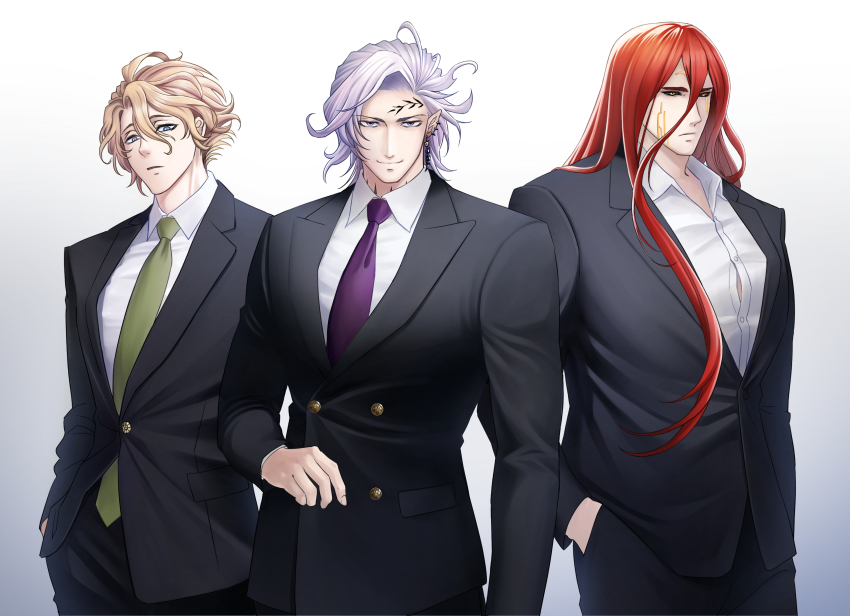 3boys, absurdres, black_sclera, blonde_hair, blue_eyes, collared_jacket, collared_shirt, colored_sclera