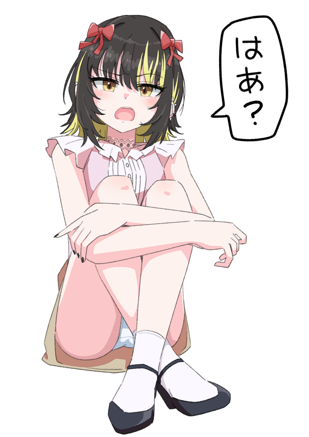 1girl, amami_haruka, amami_haruka_(cosplay), annoyed, bare_legs, bare_shoulders, black_footwear, black_hair, black_nails, blonde_hair, blush, breasts, choker, cosplay, crossed_arms, crossed_legs, dot_nose, ear_piercing, eyelashes, frilled_shirt, frills, hair_between_eyes, hair_ribbon, highres, hugging_own_legs, idolmaster, idolmaster_shiny_colors, ikaruga_luca, looking_at_viewer, multicolored_hair, nail_polish, ohgi910, open_mouth, panties, piercing, pink_shirt, red_ribbon, ribbon, shirt, short_hair, sidelocks, simple_background, sitting, skirt, sleeveless, small_breasts, socks, solo, speech_bubble, streaked_hair, teeth, thighs, two-tone_hair, underwear, wavy_eyebrows, white_background, white_panties, white_socks, yellow_eyes