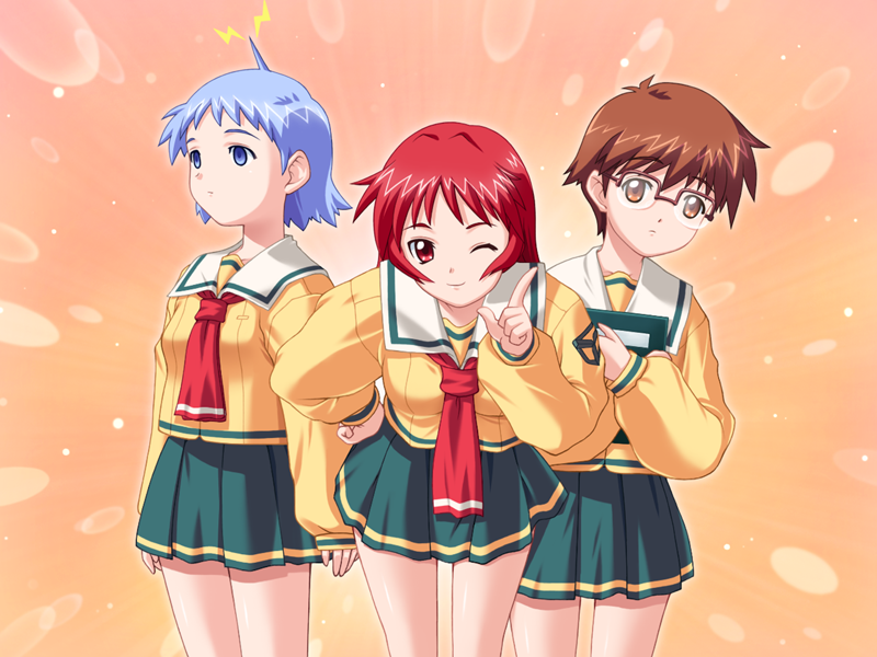 3girls, aihara_mizuho, antennae, bent_over, blue_eyes, blue_hair, book, breasts