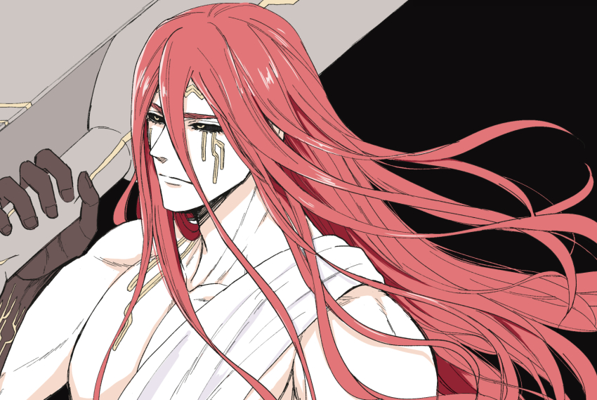 1boy, ancient_greek_clothes, black_background, black_sclera, black_skin, chiton, closed_mouth, collarbone, colored_sclera, colored_skin, facial_tattoo, floating_hair, forehead_tattoo, greco-roman_clothes, hair_between_eyes, holding, holding_weapon, male_focus, monosai, multicolored_skin, muscular, muscular_male, over_shoulder, pectorals, red_hair, shuumatsu_no_valkyrie, solo, tattoo, thor_(shuumatsu_no_valkyrie), weapon, weapon_over_shoulder, yellow_eyes