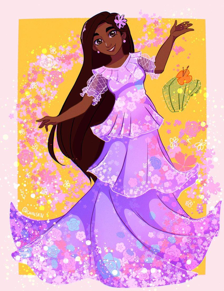 1girl, absurdres, chalse31, dark-skinned_female, dark_skin, dress, earrings, encanto, flower, full_body, hair_flower, hair_ornament, highres, isabela_madrigal, jewelry, long_hair, looking_at_viewer, mole, mole_under_eye, petals, pink_dress, smile, solo