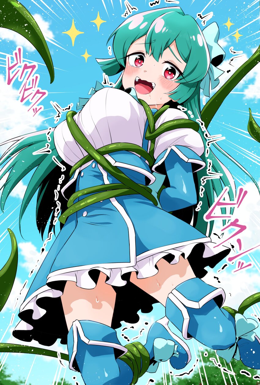 1girl, :d, absurdres, arms_behind_back, bdsm, blue_bow, blue_dress, blue_gloves, blue_sky, blush, bondage, boots, bound, bound_arms, bound_legs, bow, breasts, cloud, commentary_request, dress, elbow_gloves, embarrassed, fold-over_boots, fold-over_gloves, footwear_bow, frilled_dress, frills, from_below, gloves, green_hair, hair_between_eyes, hair_bow, happy, high_heels, highres, keijirou_(mukunozaltusou), knee_boots, latex, latex_gloves, latex_legwear, long_hair, looking_at_viewer, magia_azure, magical_girl, mahou_shoujo_ni_akogarete, medium_breasts, minakami_sayo, open_mouth, outdoors, pinafore_dress, plant, red_eyes, restrained, saliva, shirt, sky, sleeveless, sleeveless_dress, smile, solo, sound_effects, sparkle, suspension, sweat, tears, teeth, tree, trembling, upper_teeth_only, vines, wavy_mouth, white_shirt