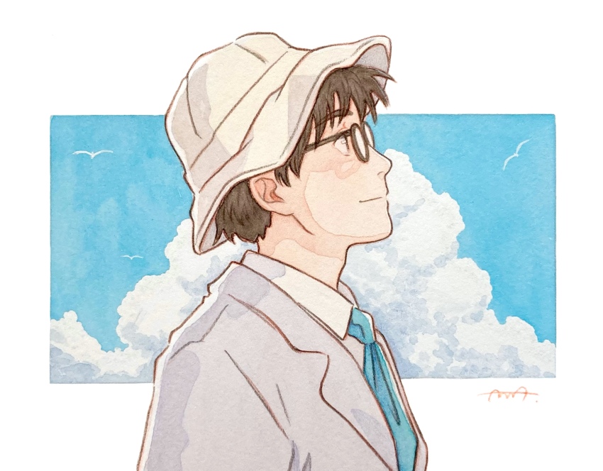 1boy, blue_necktie, blue_sky, border, brown-framed_eyewear, brown_hair, bunbun_hop, closed_mouth