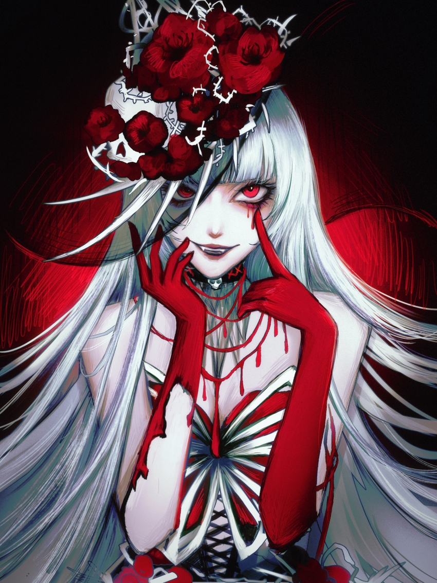 1girl, absurdres, alternate_costume, asymmetrical_gloves, bare_shoulders, black_choker, blood, blood_drip