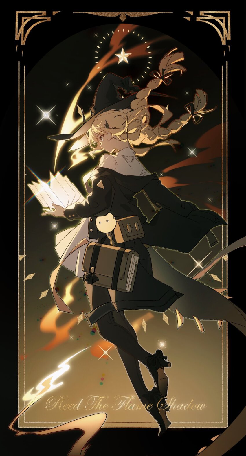 1girl, arknights, black_border, black_coat, black_footwear, black_hat, black_hood, black_horns