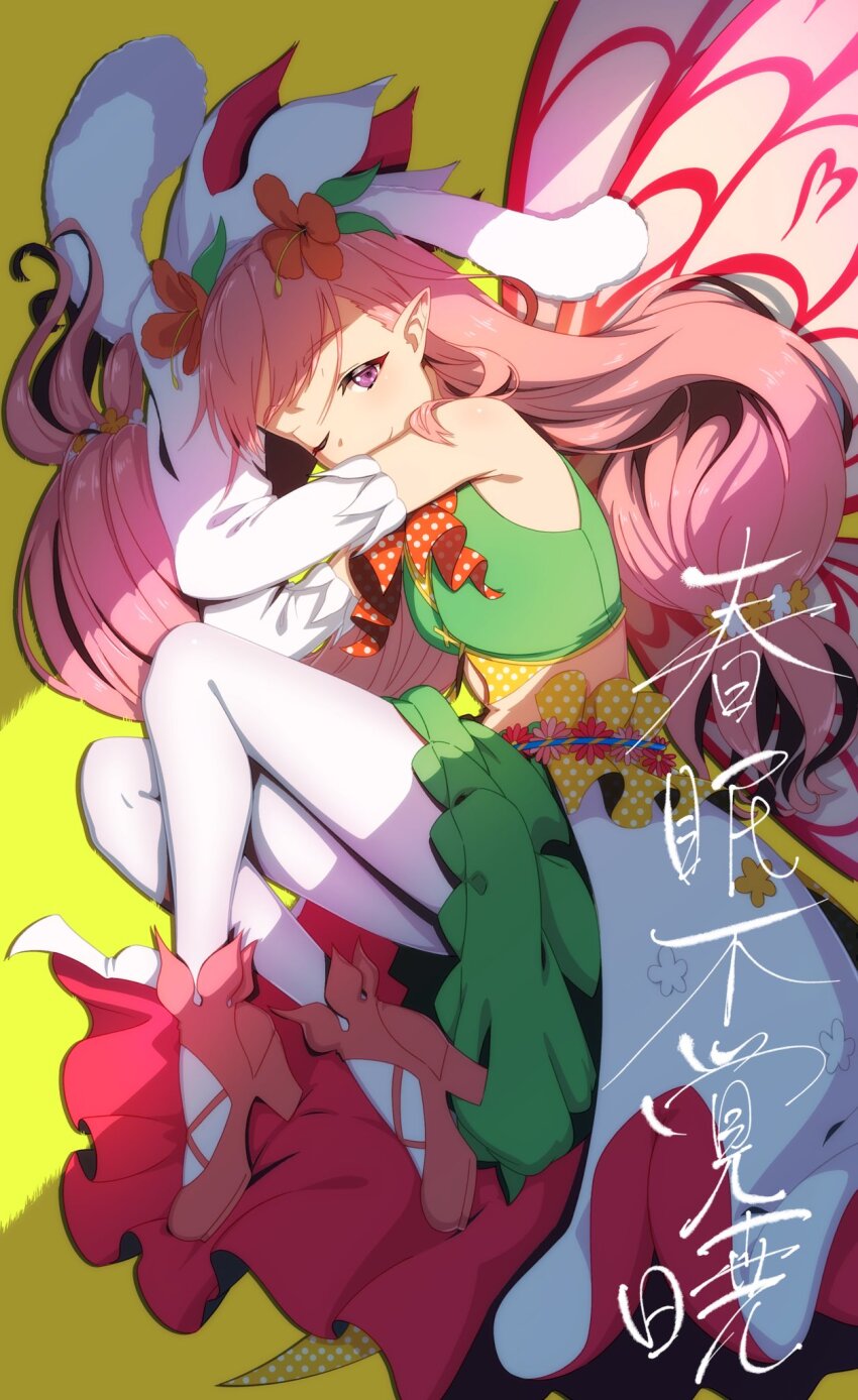 1girl, ;), aduti_momoyama, animal_ears, bare_shoulders, closed_mouth, commentary_request, detached_sleeves, fairy, fairy_wings, fake_animal_ears, fire_emblem, fire_emblem_heroes, flower, hair_flower, hair_ornament, hibiscus, high_heels, highres, long_hair, long_sleeves, mirabilis_(fire_emblem), mirabilis_(spring)_(fire_emblem), nintendo, official_alternate_costume, one_eye_closed, orange_flower, pantyhose, pink_hair, pink_shoes, pointy_ears, purple_eyes, rabbit_ears, shoes, sleeves_past_fingers, sleeves_past_wrists, smile, solo, white_pantyhose, white_sleeves, wings, yellow_background