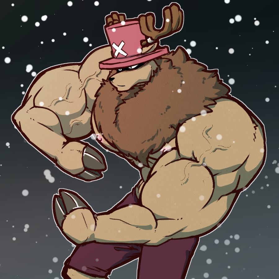 1boy, antlers, bara, brown_fur, cowboy_shot, croiyan, deer_antlers, fighting_stance, furry, furry_male, horns, large_pectorals, male_focus, muscular, muscular_arms, muscular_male, neck_fur, nipples, one_piece, pectorals, reindeer_boy, serious, shaded_face, shorts, snowing, solo, tony_tony_chopper, topless_male, veins, veiny_arms