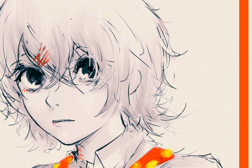 1boy, closed_mouth, hair_over_eyes, highres, jobjobpooh131, looking_at_viewer, messy_hair, overalls, polka_dot, red_overalls, roman_numeral, shirt, stitched_face, stitched_mouth, stitched_neck, stitches, suzuya_juuzou, tokyo_ghoul, white_background, white_hair, white_shirt