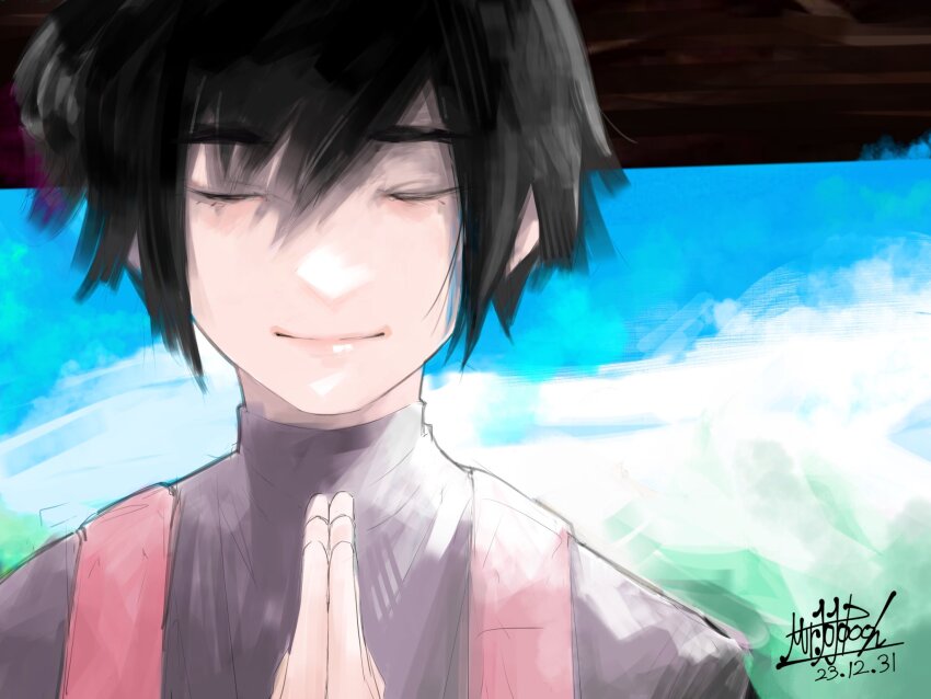 1girl, black_hair, blue_sky, choujin_x, closed_eyes, dated, highres, jobjobpooh131