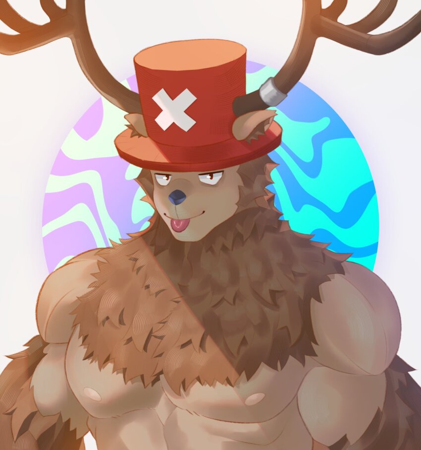1boy, :p, antlers, bara, brown_fur, deer_antlers, fluffy, furry, furry_male, hat, highres, horns, jitome, large_pectorals, looking_at_viewer, male_focus, muscular, muscular_male, neck_fur, nipples, nude, one_piece, para_(parasouleater), pectorals, reindeer_boy, smug, solo, tongue, tongue_out, tony_tony_chopper, upper_body