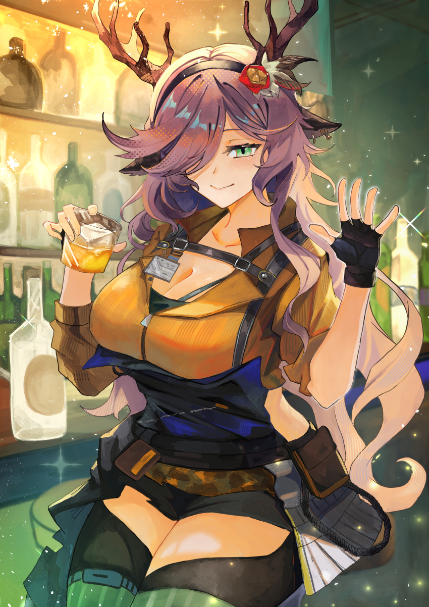 1girl, absurdres, alcohol, animal_ear_piercing, animal_ears, antlers, arknights, bar_(place)
