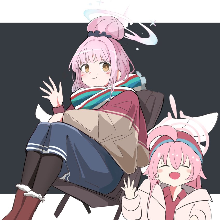 2girls, absurdres, ahoge, blue_archive, camping, camping_chair, cosplay, folding_chair