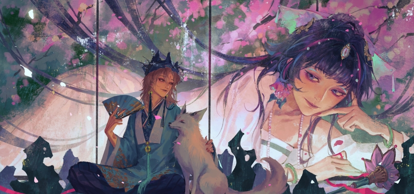 2girls, absurdres, black_hair, black_hat, black_pants, blonde_hair, blunt_bangs, bracelet