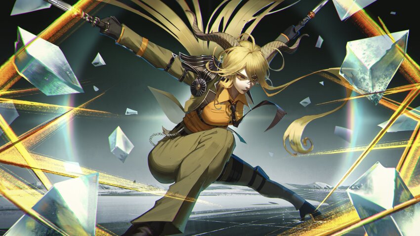 1girl, ahoge, arknights, arm_strap, armor, arms_up, asymmetrical_hair, asymmetrical_sidelocks