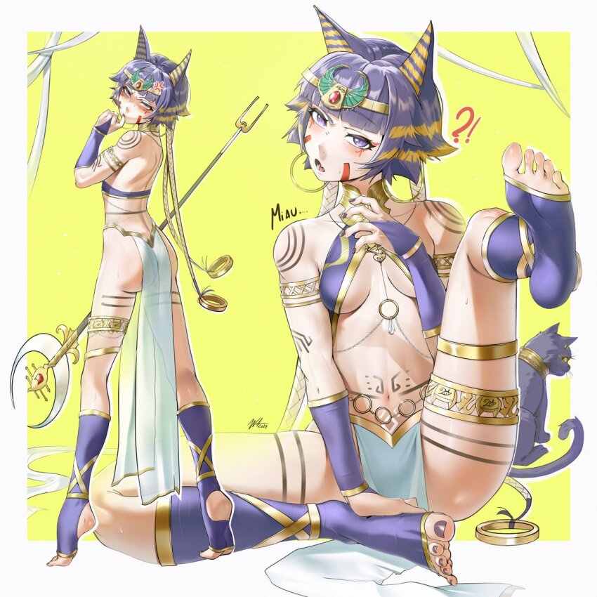 alternate_costume, ancient_egyptian_clothes, ankha_(animal_crossing)_(cosplay), bleach, cat, cosplay, feet, highres, holding, nail_polish, pelvic_curtain, shihouin_yoruichi, sitting, sui-feng, toenail_polish, toenails, toes, waligner