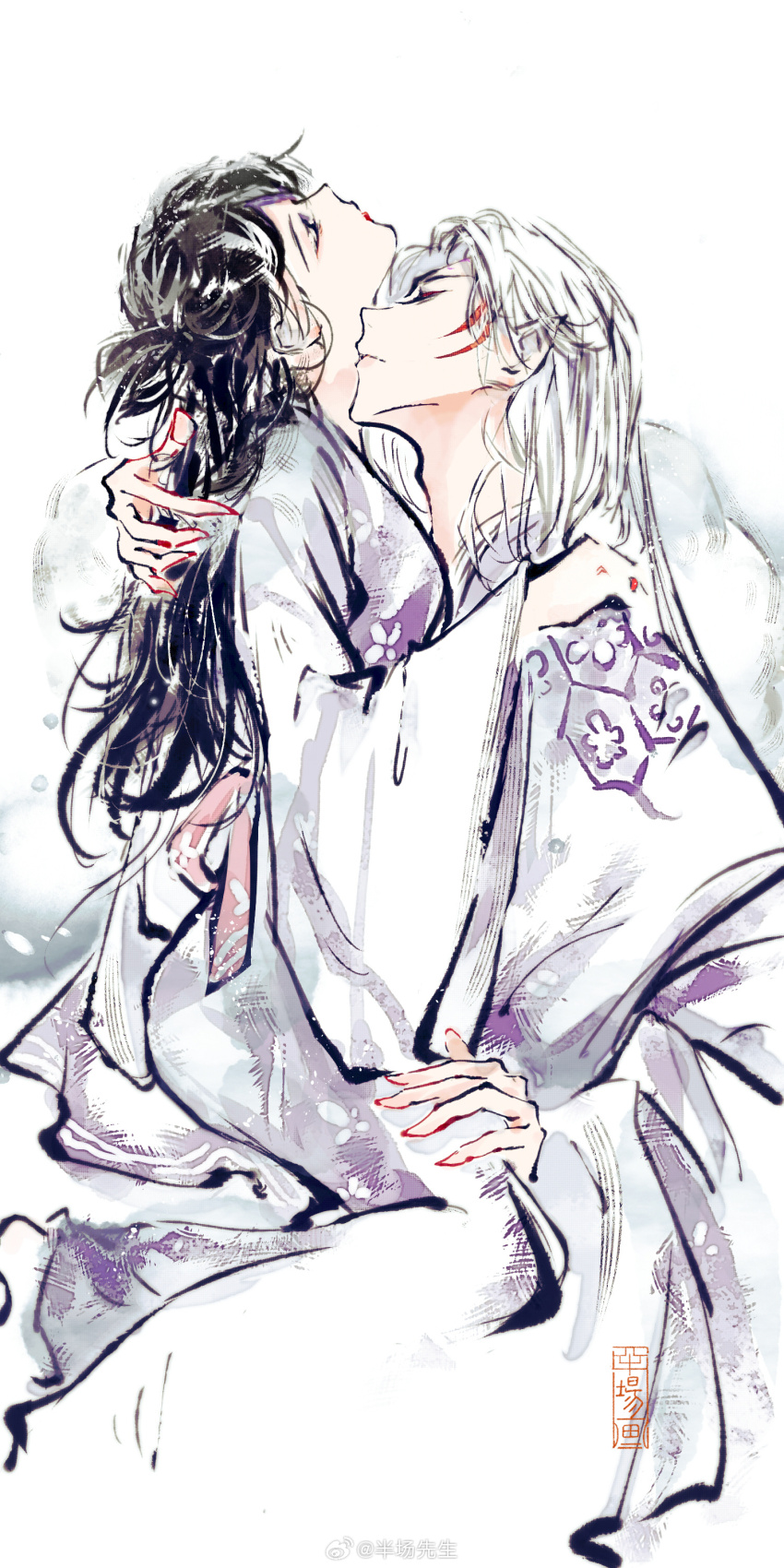 1boy, 1girl, absurdres, banchang_xiansheng, black_hair, closed_eyes, closed_mouth, facial_mark