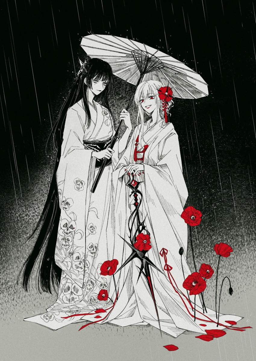 2girls, alternate_costume, black_hair, blunt_bangs, blunt_ends, chinese_commentary, commentary, coquelic_(path_to_nowhere), floral_print, flower, full_body, hair_flower, hair_ornament, half-closed_eyes, highres, hime_cut, holding, holding_sword, holding_umbrella, holding_weapon, japanese_clothes, kimono, long_hair, looking_at_viewer, mitsukyou, mole, mole_under_eye, multiple_girls, nail_polish, obi, oil-paper_umbrella, parted_lips, partially_colored, path_to_nowhere, poppy_(flower), print_kimono, rain, red_eyes, red_flower, red_lips, red_nails, sash, smile, sumire_(path_to_nowhere), sword, umbrella, updo, very_long_hair, weapon, wet, wet_hair, white_hair