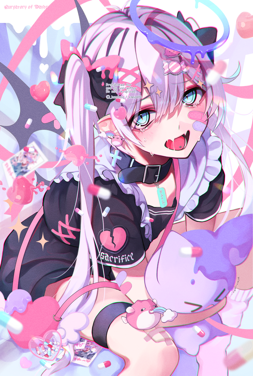 1boy, aegyo_sal, animal_collar, apron, aqua_eyes, bag, bandaid, bandaid_on_arm