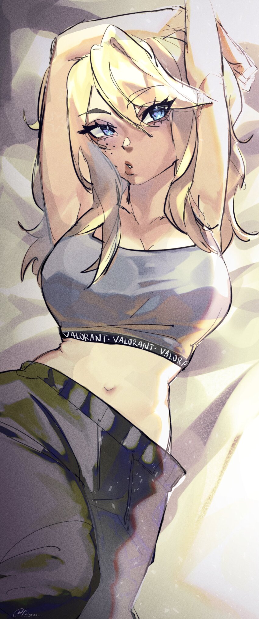 1girl, absurdres, animification, arms_up, black_pants, blue_eyes, breasts, cleavage, commentary, crop_top, deadlock_(valorant), english_commentary, feiyuu, freckles, grey_shirt, hair_between_eyes, highres, large_breasts, long_hair, looking_at_viewer, looking_to_the_side, lying, midriff, navel, pants, parted_lips, shirt, solo, valorant