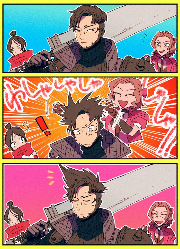 !, 1boy, 2girls, 7th_heaven_skirmisher_wraith, adjusting_another's_hair, aerith_gainsborough, aerith_gainsborough_(cosplay), animification