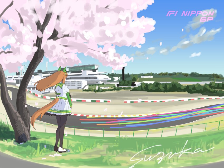 1girl, 4me_4ma, absurdres, animal_ears, character_name, cherry_blossoms, cloud, ear_covers, floating_hair, formula_one, highres, horse_ears, horse_girl, horse_tail, light_trail, logo, name_connection, orange_hair, racetrack, real_world_location, shirt, silence_suzuka_(innocent_silence)_(umamusume), silence_suzuka_(umamusume), skirt, sky, solo, suzuka_international_racing_course, tail, tree, umamusume, white_shirt, white_skirt