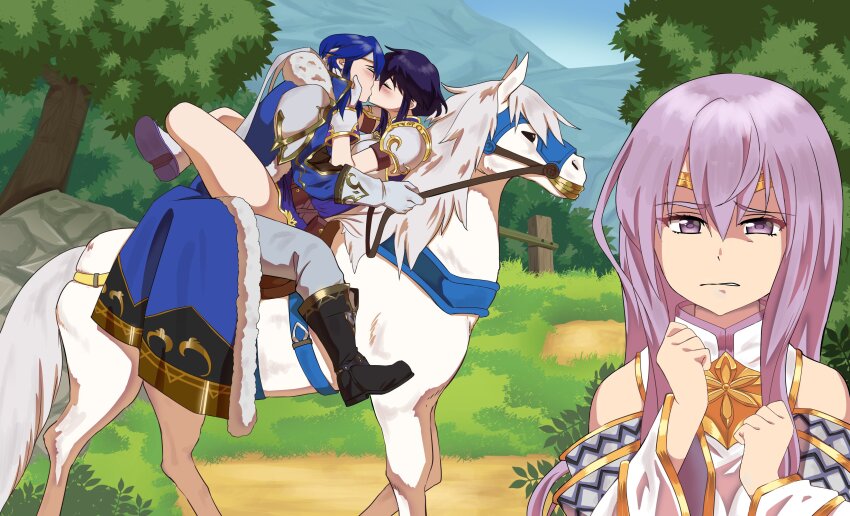 1boy, 2girls, :/, absurdres, armor, black_hair, breastplate, brother_and_sister, closed_eyes, commission, commissioner_upload, couple, fire_emblem, fire_emblem:_genealogy_of_the_holy_war, hands_on_another's_face, headband, highres, horse, horseback_riding, julia_(crusader_of_light)_(fire_emblem), julia_(fire_emblem), kiss, larcei_(fire_emblem), leg_lock, long_hair, looking_at_viewer, multiple_girls, nintendo, purple_tunic, reins, riding, rock, rs40uchiha, saddle, seliph_(fire_emblem), seliph_(scion_of_light)_(fire_emblem), short_hair, shoulder_armor, siblings, straddling, trail, tree, tunic, upright_straddle, white_headband, white_horse