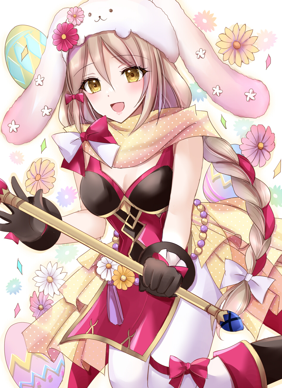 1girl, animal_hat, blonde_hair, braid, braided_ponytail, brown_gloves, easter, easter_egg