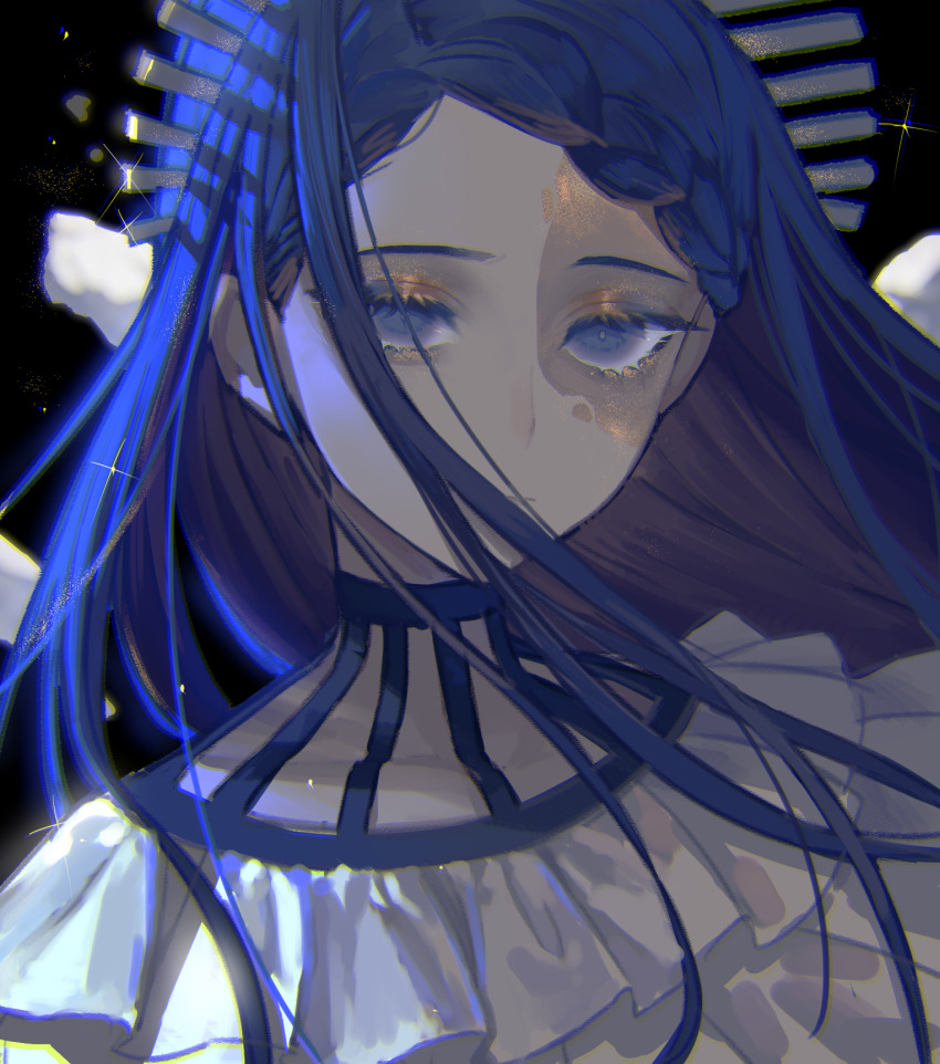 1girl, ado_(utaite), black_background, blue_eyes, blue_hair, braid, braided_bangs, bu_(user_tjph8758)