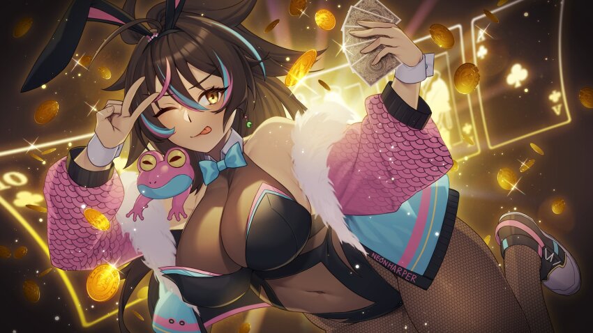 1girl, ;p, ahoge, animal_ears, bare_shoulders, black_leotard, black_shoes, blue_bow