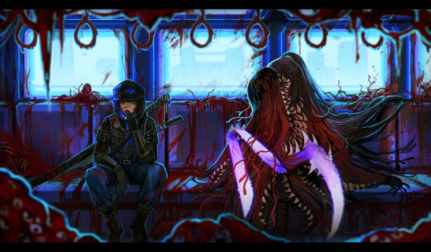 arm_pouch, baseball_cap, black_footwear, black_gloves, black_hair, blood, blood_on_face, blue_pants