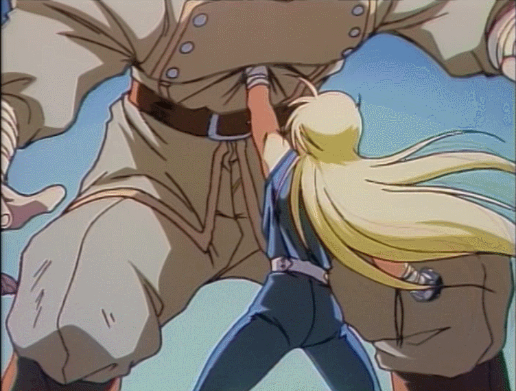 1990s_(style), 1girl, 2boys, ass, bald, bare_legs, biceps, blue_gloves, blue_leotard, boots, breasts, curvy, demon_girl, energy_gun, eyelashes, gloves, highleg, highleg_leotard, injury, inugami_(zenki), kishin_douji_zenki, leotard, lipstick, long_hair, low_ponytail, magic, makeup, medium_breasts, medium_hair, multiple_boys, nagi_(kishin_douji_zenki), pink_hair, pointy_ears, ponytail, red_eyes, retro_artstyle, revealing_clothes, size_difference, solo, surprised, thigh_boots, third-party_edit, weapon, wide_hips