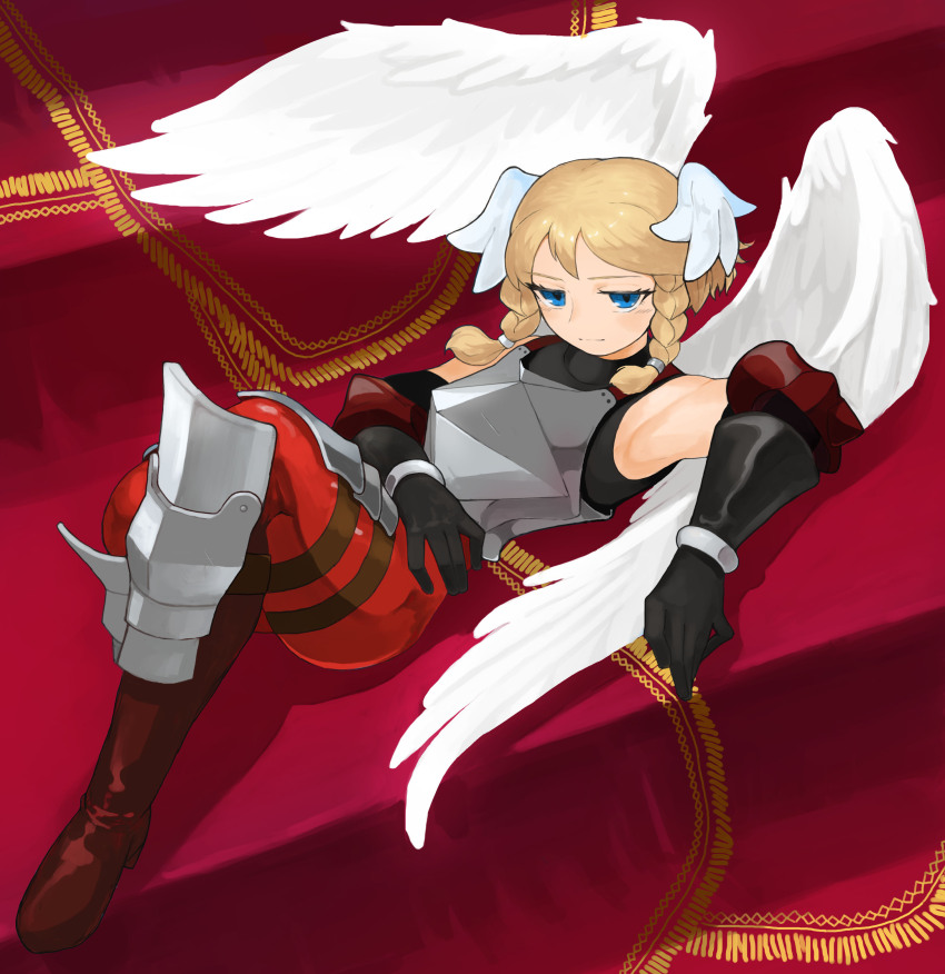 1girl, :|, absurdres, akumesik, angel, angel_wings, armor, black_gloves