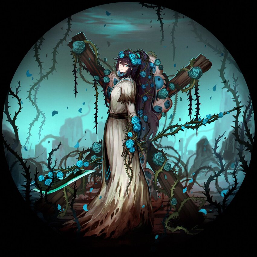 1boy, black_eyes, black_hair, blue_eyes, blue_flower, blue_hairband, blue_rose, e.g.o_(project_moon)