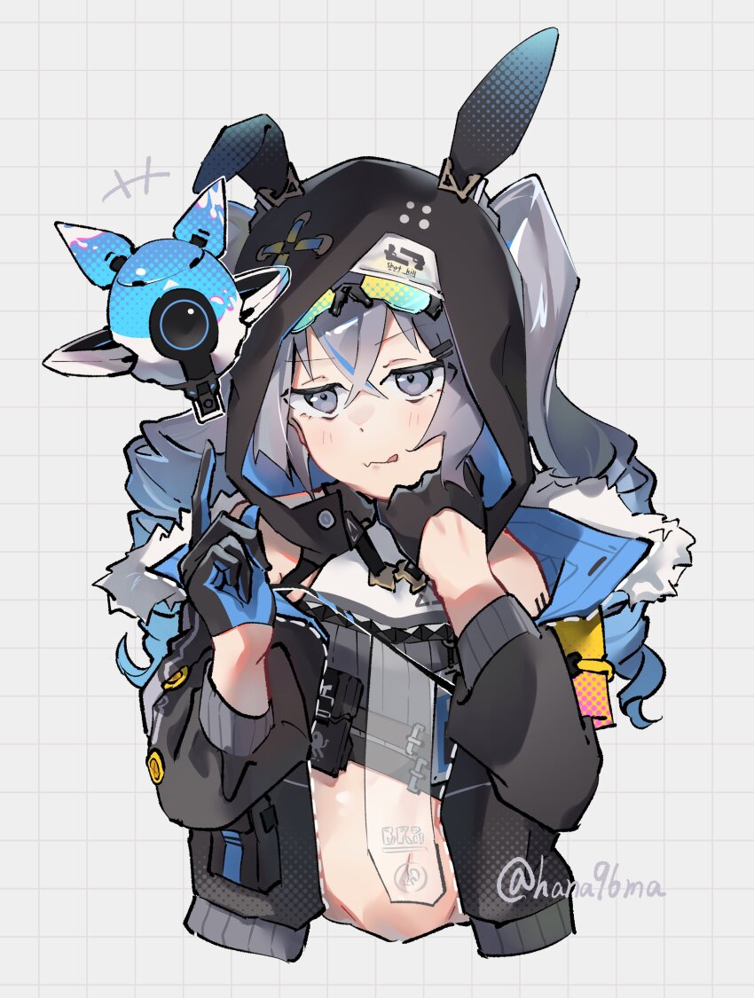 +++, 1girl, absurdres, animal_ears, animal_hood, black_gloves, black_jacket, blue_gloves, blue_hair, bronya_zaychik, bronya_zaychik_(haxxor_bunny), closed_mouth, commentary_request, crop_top, cropped_torso, fake_animal_ears, gloves, gradient_hair, grey_background, grey_hair, greyscale, grid_background, half_gloves, hanaguruma_(hana96ma), highres, honkai_(series), honkai_impact_3rd, hood, hood_up, hooded_jacket, jacket, long_hair, long_sleeves, monochrome, multicolored_hair, navel, puffy_long_sleeves, puffy_sleeves, rabbit_ears, rabbit_hood, ringlets, robot, solo, streaked_hair, tongue, tongue_out, twintails, twitter_username, upper_body
