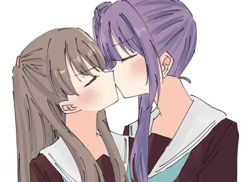 2girls, aqua_neckerchief, ayu_(ayu_illustrate), blush, brown_dress, brown_hair, closed_eyes, dress