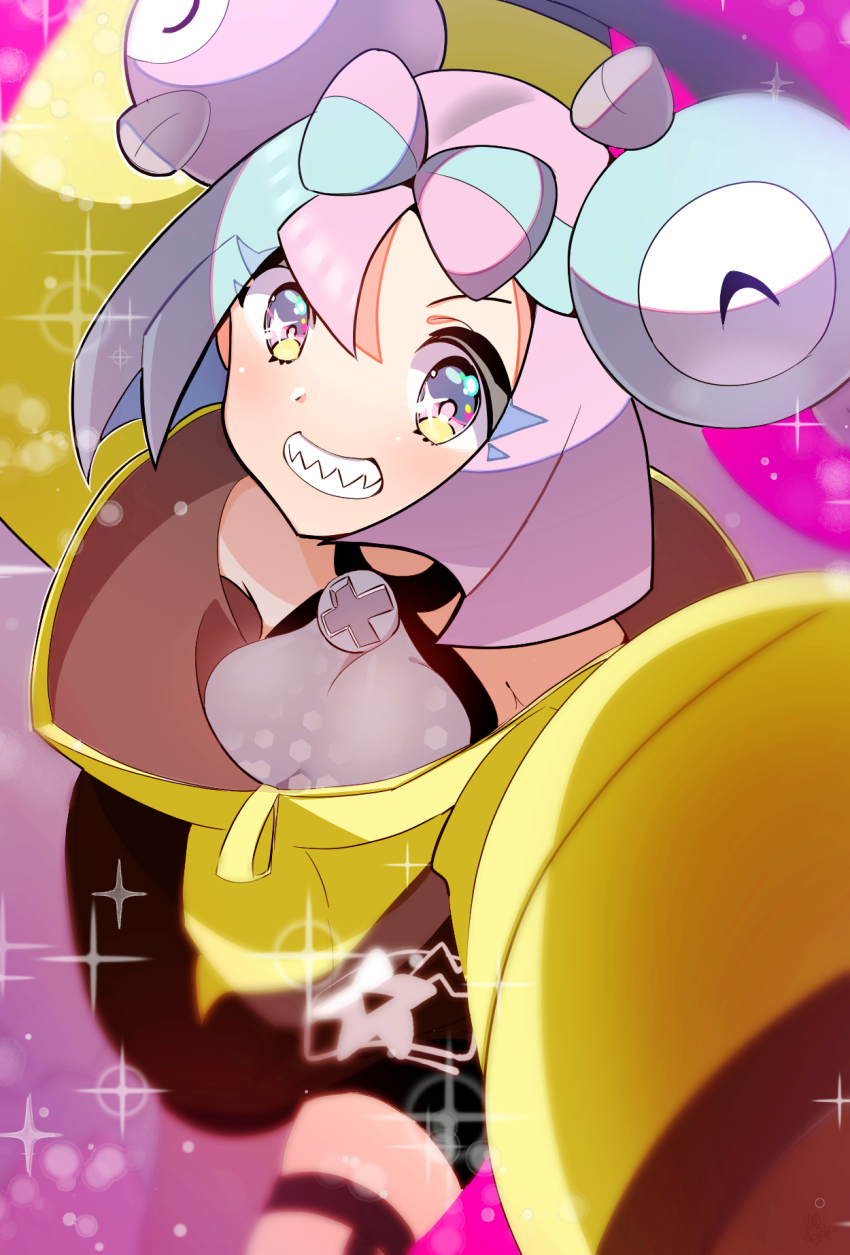 1girl, bare_shoulders, blue_hair, bow-shaped_hair, character_hair_ornament, eyelashes, hair_ornament, highres, iono_(pokemon), jacket, long_hair, long_sleeves, looking_at_viewer, momo_kekoko, multicolored_hair, nintendo, pink_eyes, pink_hair, pokemon, pokemon_scarlet_and_violet, sharp_teeth, smile, teeth, thigh_strap, two-tone_hair, yellow_jacket