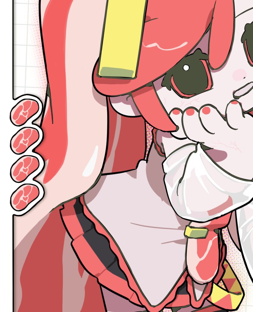 1girl, adapted_costume, alternate_eye_color, alternate_hair_color, detached_sleeves, food-themed_clothes, food-themed_hair, grid_background