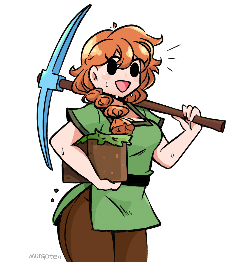 1girl, alex_(minecraft), black_eyes, block_(minecraft), block_(object), braid, carrying, carrying_under_arm, commentary, dirt, english_commentary, green_shirt, hair_over_shoulder, highres, holding, holding_block, holding_pickaxe, long_hair, looking_at_viewer, minecraft, minecraft_pickaxe, murgoten, open_mouth, orange_hair, pants, pickaxe, shirt, short_sleeves, signature, simple_background, smile, solo, sweat, white_background