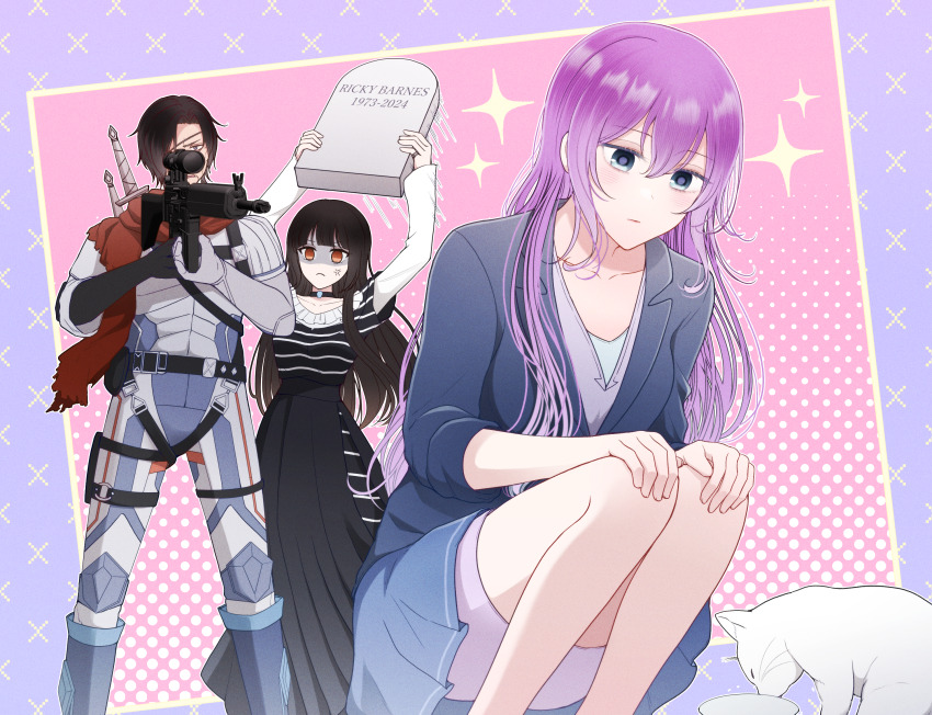 1boy, 2girls, android, angry, assault_rifle, black_hair, blue_eyes, bowl