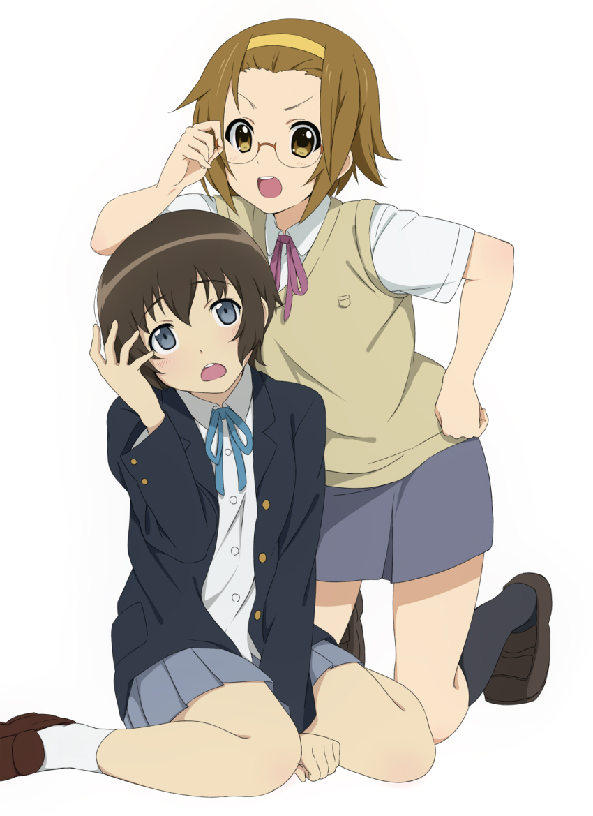 2girls, bad_id, bad_pixiv_id, bespectacled, black_socks, blue_eyes, blush, borrowed_clothes