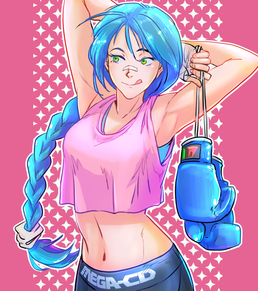 1girl, armpits, arms_behind_head, battle_mania, blue_hair, boxing_gloves, braid, breasts