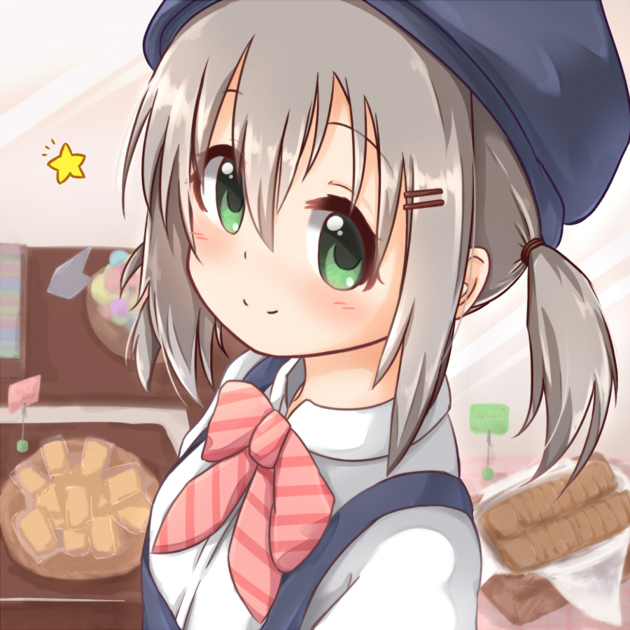 1girl, blush, closed_mouth, dot_nose, employee_uniform, female_focus, food, green_eyes