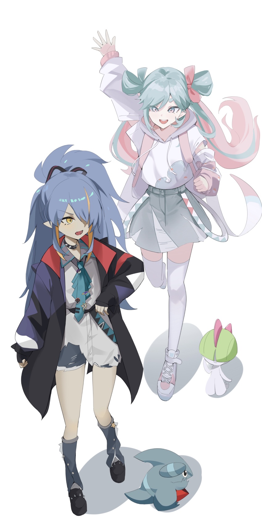 2girls, :d, absurdres, arm_at_side, arm_cutout, arm_up, backpack, bag, belt, black_collar, black_footwear, black_jacket, black_ribbon, blonde_hair, blue_hair, bow, buttons, clenched_hand, clothing_cutout, collar, collared_jacket, collared_shirt, denim, denim_shorts, drawstring, eyelashes, eyes_visible_through_hair, fangs, gen_3_pokemon, gen_4_pokemon, gible, glorious_day_(vocaloid), green_bow, green_hair, green_necktie, grey_skirt, grey_socks, hair_between_eyes, hair_bow, hair_over_one_eye, hair_ribbon, hair_rings, hatsune_miku, high_ponytail, high_tops, highres, hood, hood_down, hoodie, hoodie_tucked_in, jacket, jimo_0074, leg_up, long_bangs, long_hair, long_sleeves, looking_ahead, looking_at_another, looking_back, loose_belt, multicolored_hair, multicolored_jacket, multiple_girls, necktie, nintendo, one_eye_covered, open_clothes, open_hand, open_jacket, open_mouth, outstretched_arm, outstretched_hand, parted_bangs, pink_bow, pink_hair, pointy_ears, pokemon, pokemon_(creature), ponytail, project_voltage, purple_eyes, purple_jacket, ralts, red_jacket, ribbon, running, shadow, shirt, shoes, short_eyebrows, shorts, simple_background, skirt, sleeve_cuffs, sleeves_past_wrists, smile, sneakers, socks, spiked_collar, spiked_shoes, spikes, streaked_hair, striped_ribbon, teeth, thick_eyebrows, thighhighs, torn_clothes, torn_shirt, torn_shorts, torn_skirt, two-tone_hair, upper_teeth_only, vocaloid, waving, white_background, white_footwear, white_hoodie, white_shirt, white_shoes, white_thighhighs, wide_ponytail, zettai_ryouiki