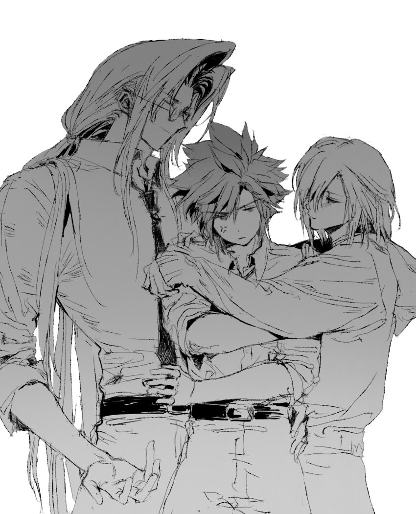 3boys, alternate_costume, alternate_universe, anger_vein, annoyed, arms_around_neck, belt, blush