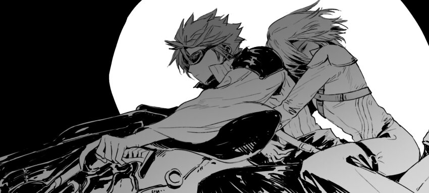 2boys, armor, arms_around_another's_waist, bodysuit, chest_strap, cloud_strife, commentary, expressionless