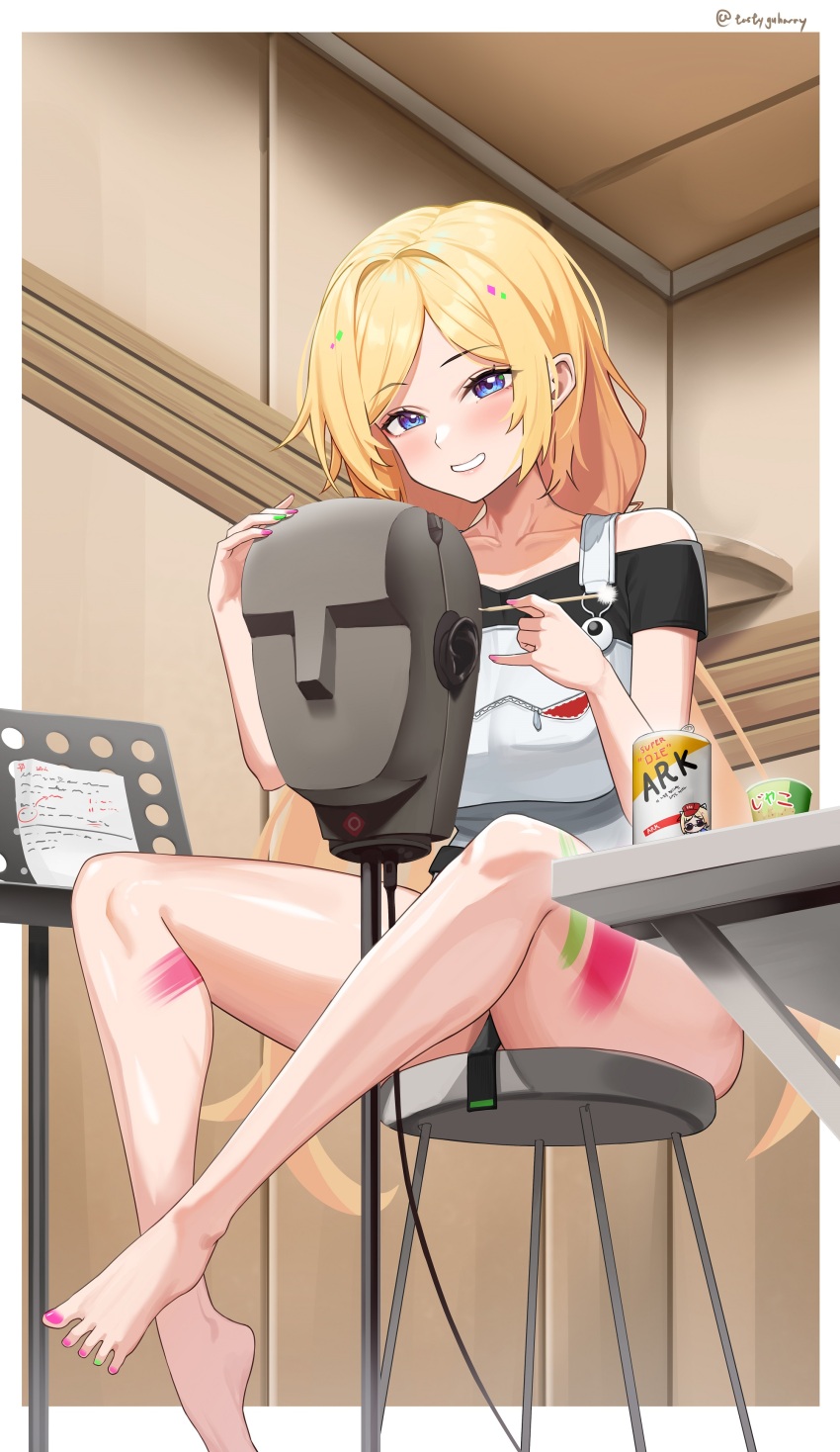 1girl, absurdres, aki_rosenthal, aki_rosenthal_(gaming_casual), barefoot, beer_can, belt, binaural_microphone