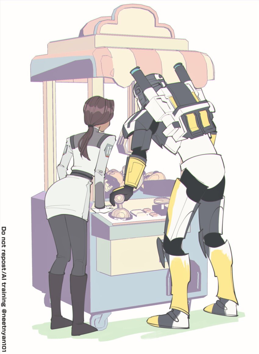1boy, 1girl, armor, brown_hair, character_request, clone, clone_trooper, crane_(machine)