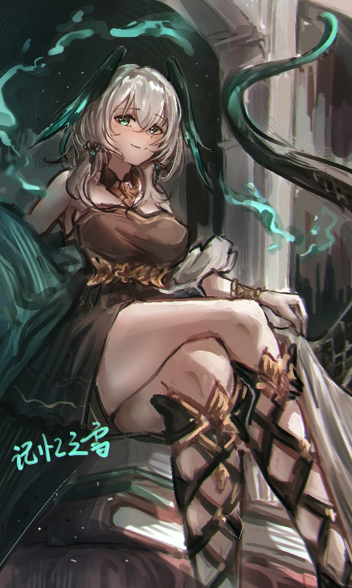 1girl, ambience_synesthesia, aqua_eyes, arknights, bare_shoulders, black_dress, bracelet, breasts