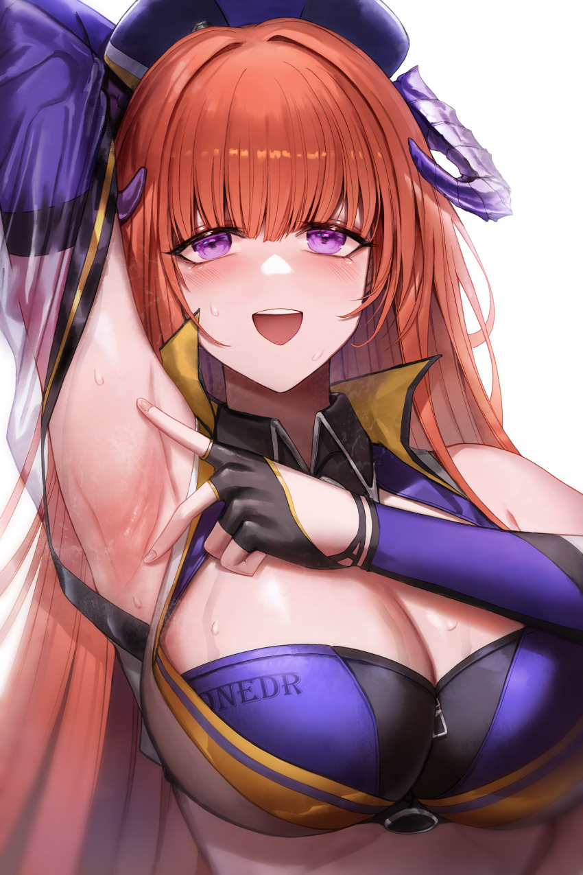 1girl, absurdres, arknights, armpits, bagpipe_(arknights), bagpipe_(queen_no._1)_(arknights), breasts, highres, horns, large_breasts, looking_at_viewer, official_alternate_costume, onedr, orange_hair, presenting_armpit, purple_eyes, race_queen, smile, spread_armpit, sweat, teeth, upper_body, upper_teeth_only